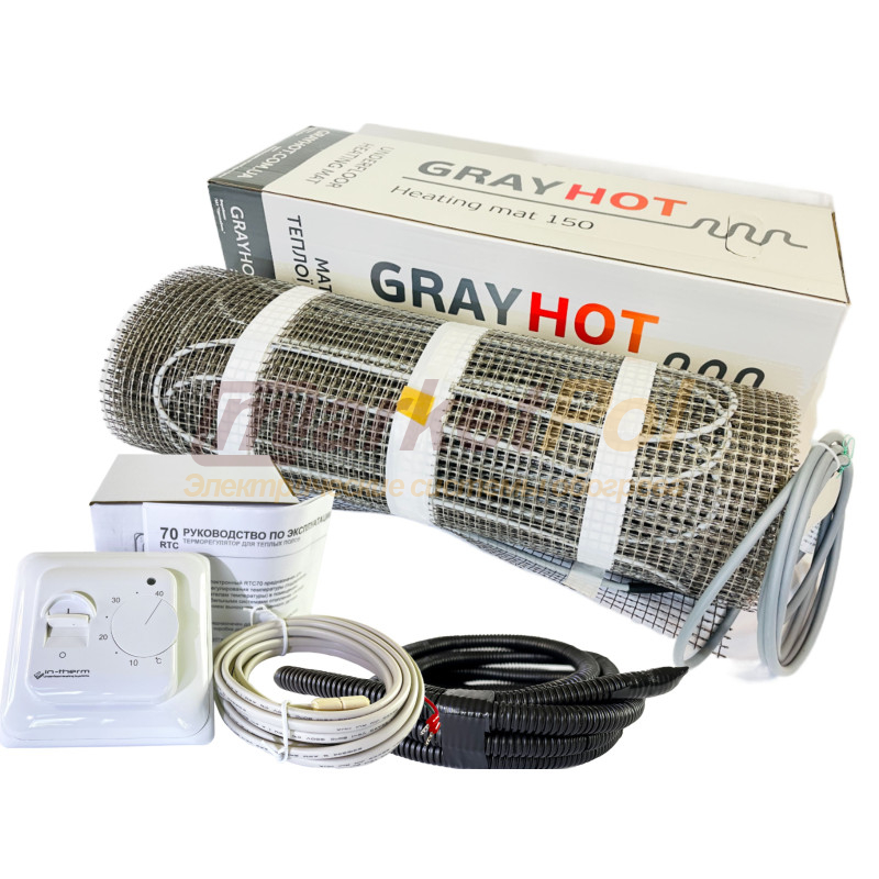 Комплект теплої підлоги під плитку нагрівальний мат GrayHot 150 Вт/м² з механічним регулятором 150 Вт