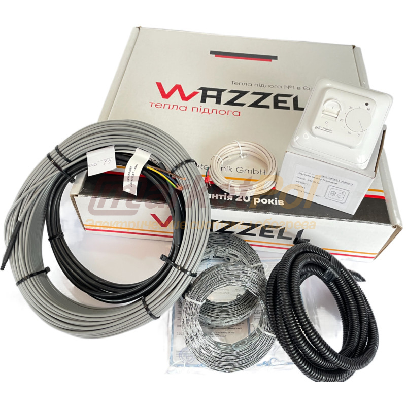 Нагрівальний кабель WAZZELL EASYHEAT20 з механічним терморегулятором. Комплект теплої підлоги WAZZELL EASYHEAT20+Ecoterm мех+