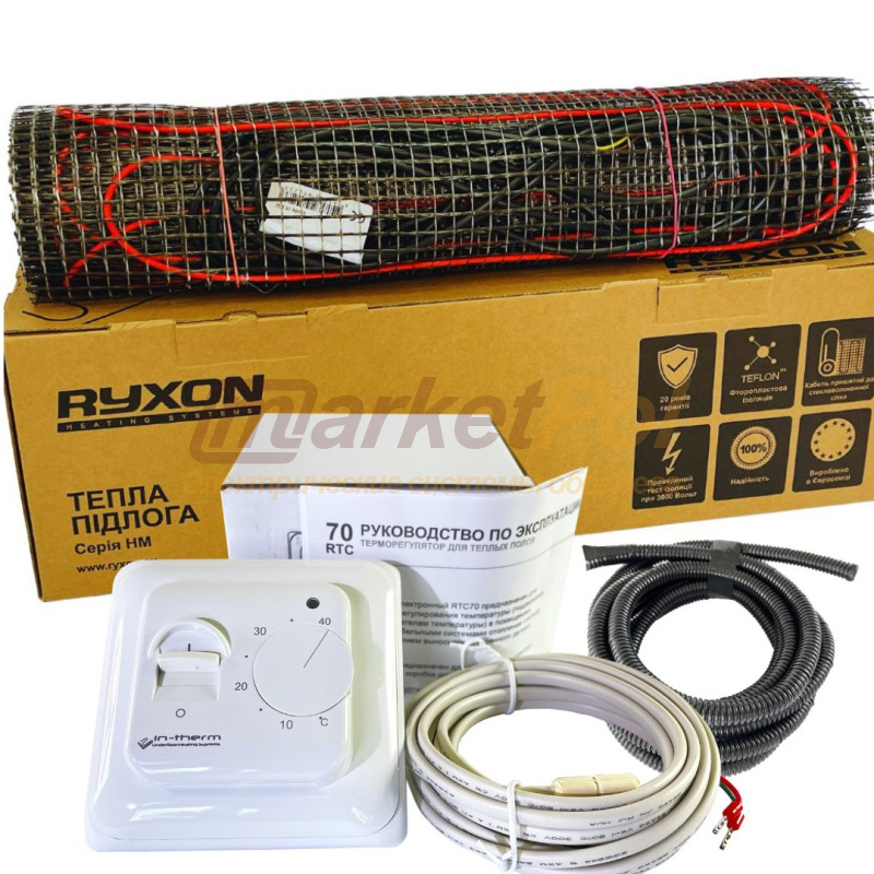 Комплект теплої підлоги нагрівальний мат Ryxon HM 200 W/m² з механічним терморегулятором HM 200 + Ecoreg M5.17