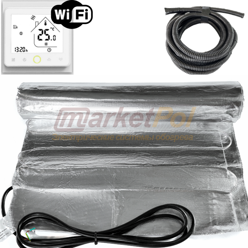 Алюмінієвий нагрівальний мат in-therm  + програмований wi-fi терморегулятор. Комплект теплої підлоги AFMAT 150 Вт/м²