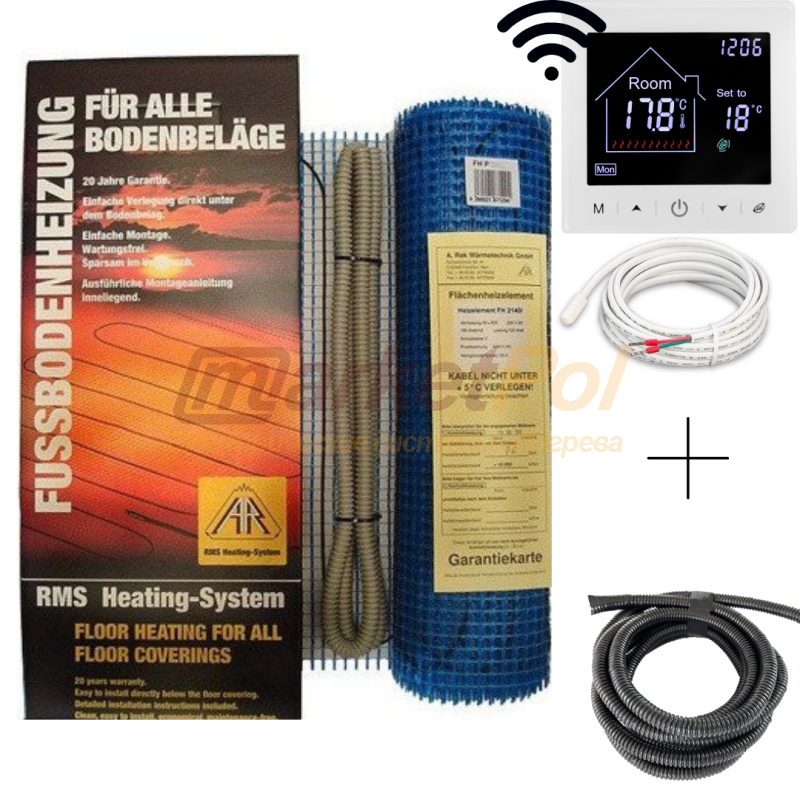 Гріючий мат Arnold Rak Standart FH-EC 180 W/m² + програмований терморегулятор з WiFi. Комплект теплої підлоги FH-EC, 180 W/m²